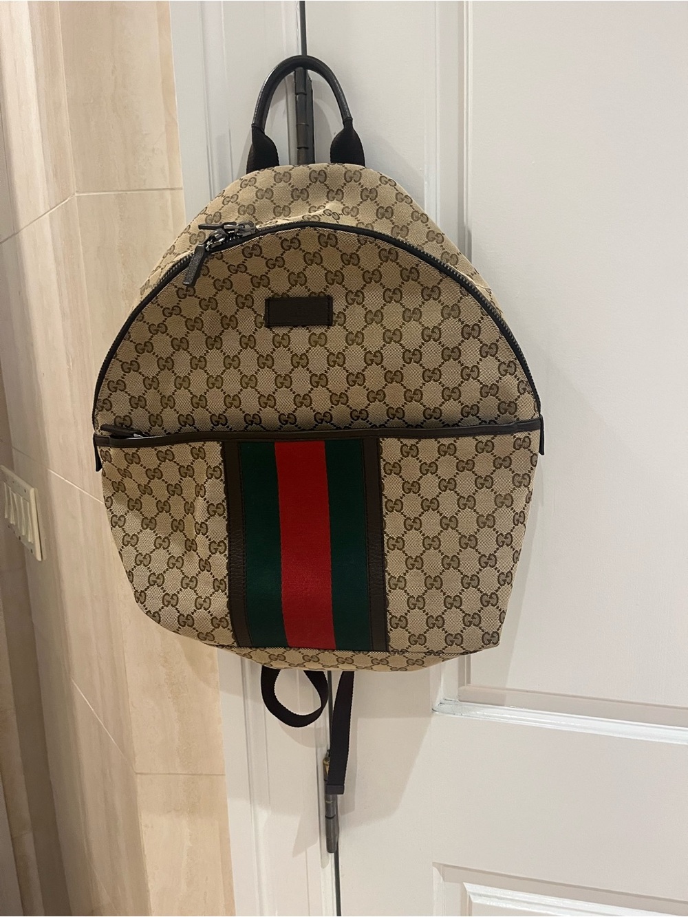 Gucci Beige GG Canvas Backpack with Green and Red Web Stripe